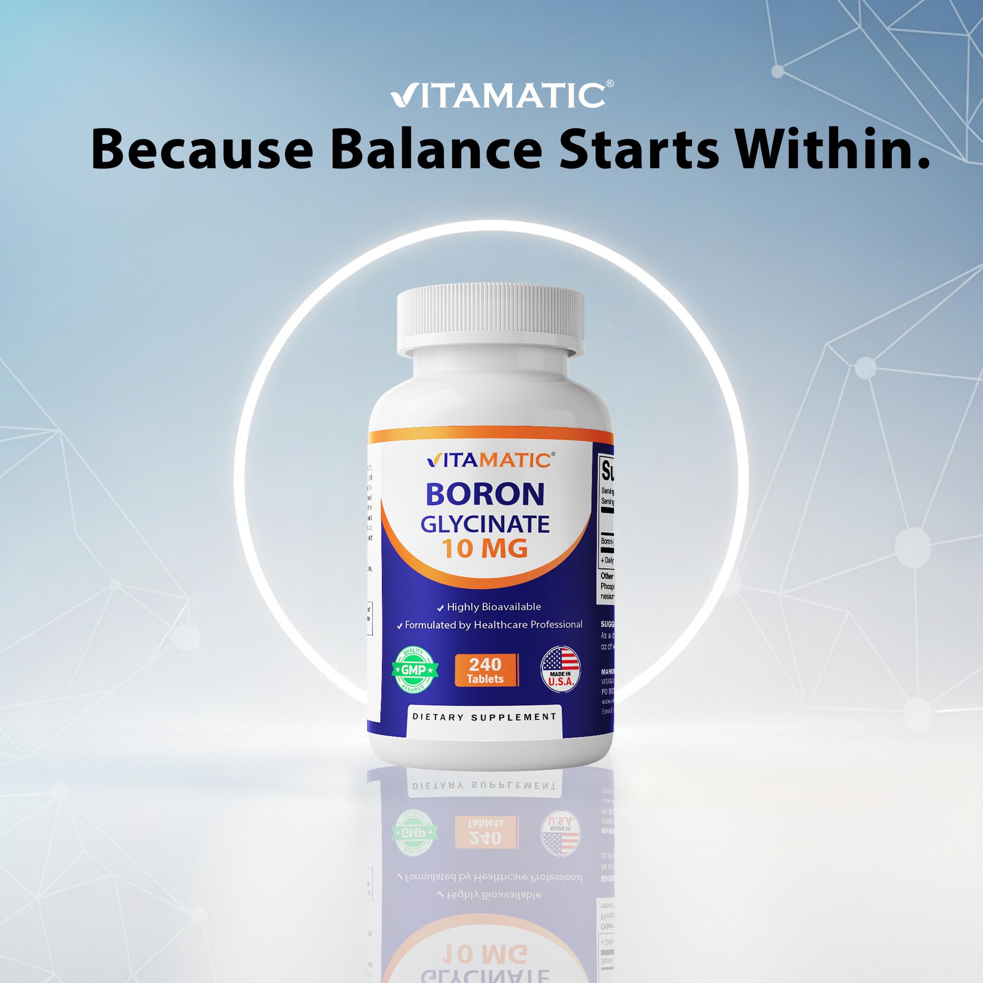 Vitamatic boro glicinato: etiqueta frontal destaca fórmula libre de OGM y gluten.