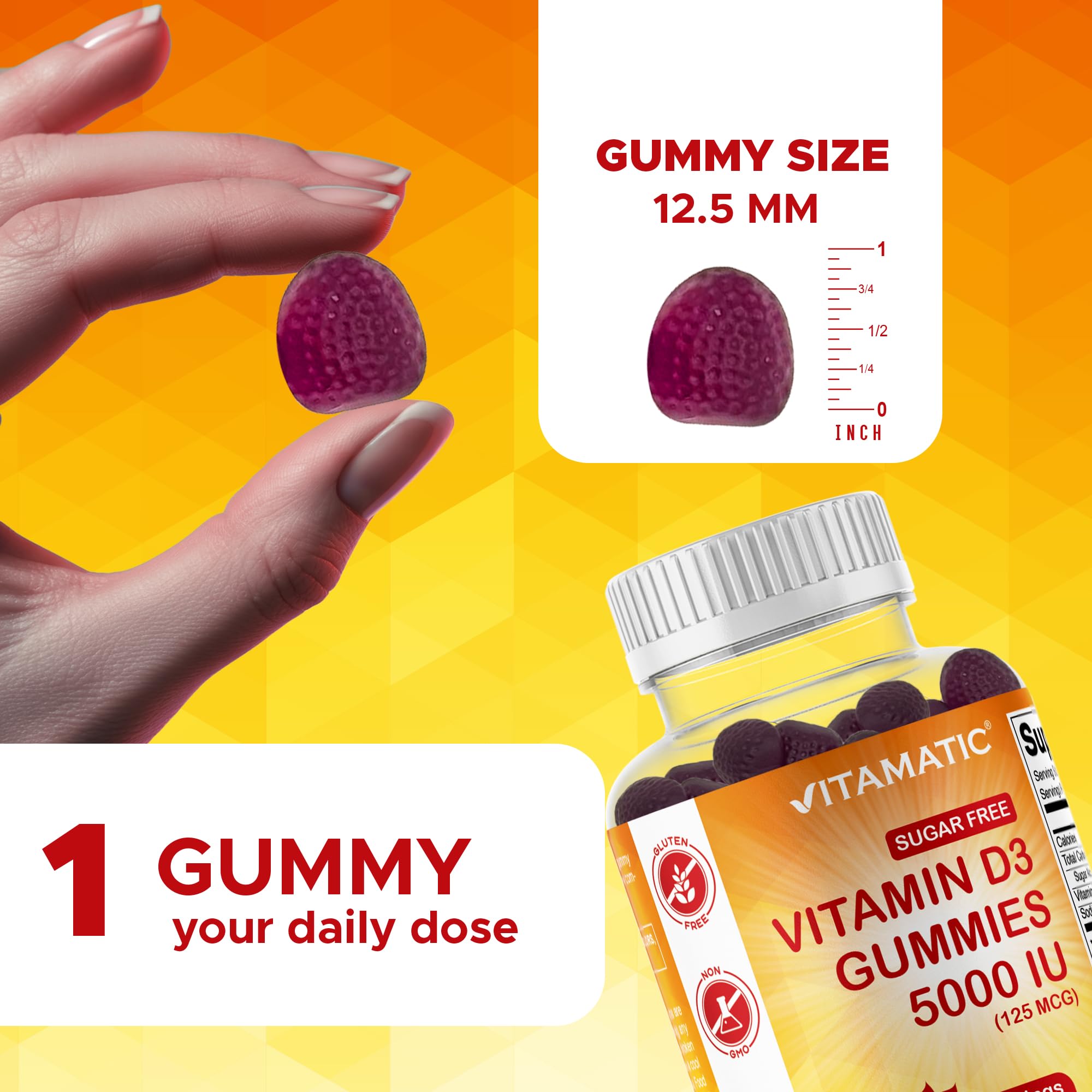 Vitamatic bote con 120 gomitas D3 5000IU, presentación práctica