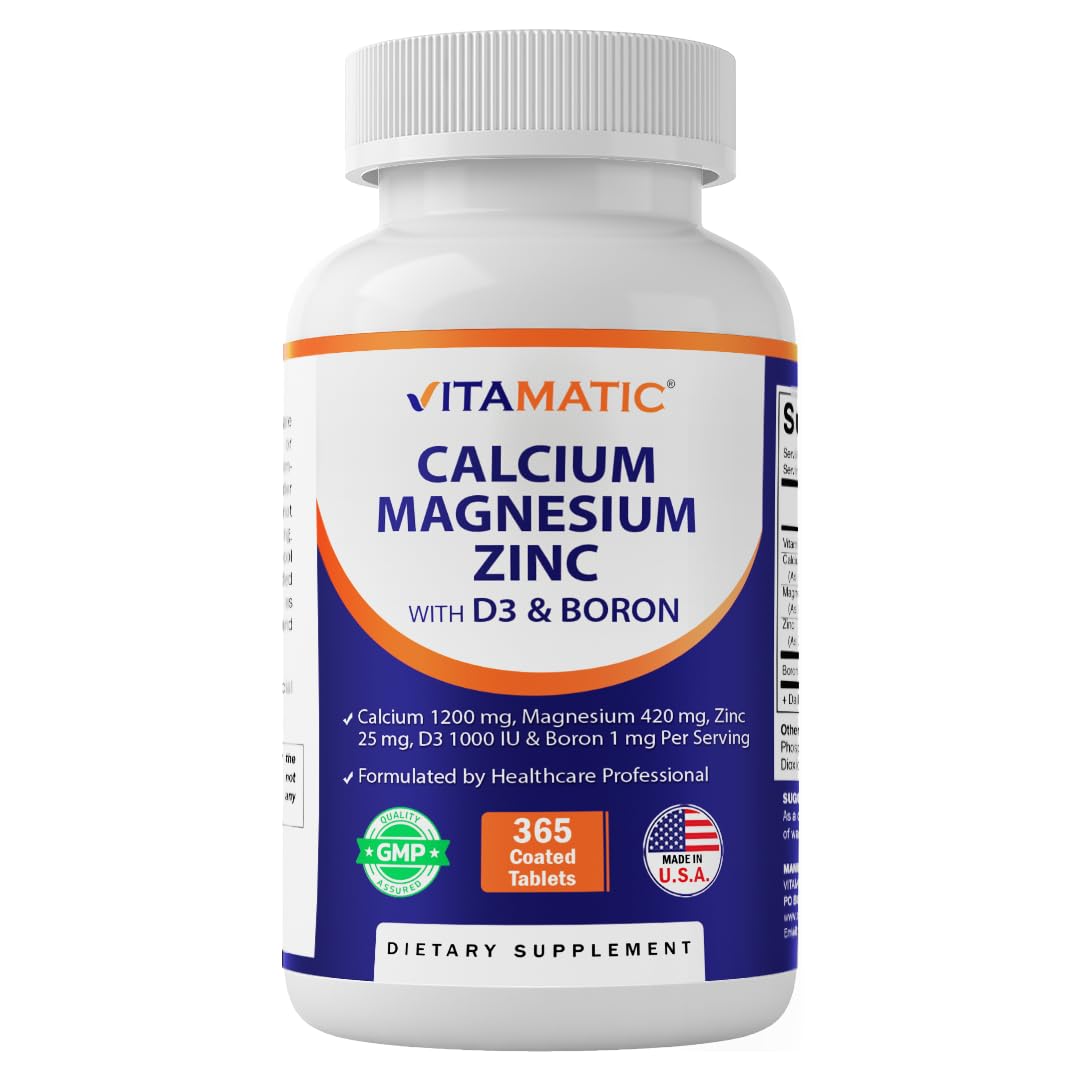 Vitamatic calcio-magnesio-zinc-d3-borón en botella, apoyo diario para la salud ósea.