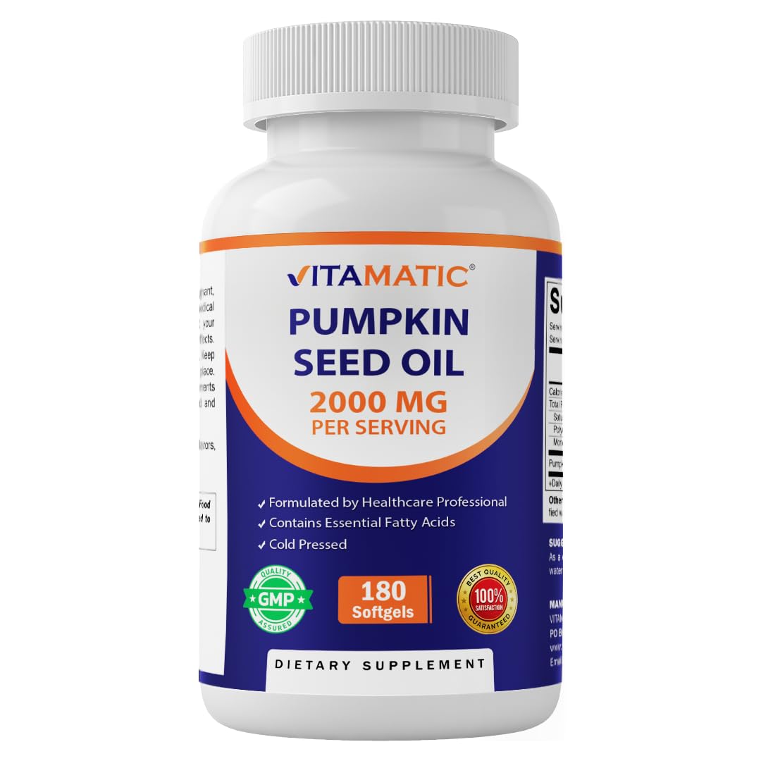Vitamatic botella de cápsulas blandas con aceite de calabaza para uso diario.
