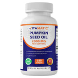 Vitamatic botella de cápsulas blandas con aceite de calabaza para uso diario.