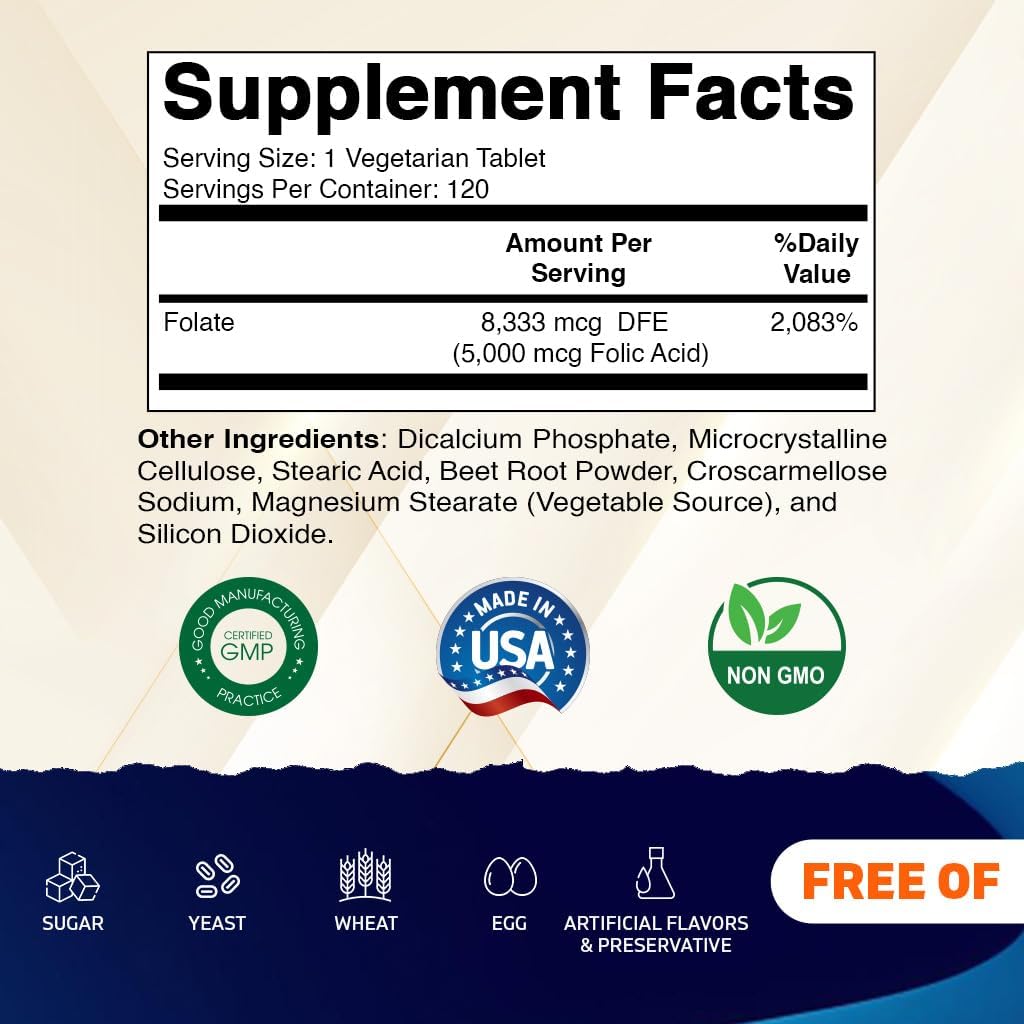 Vitamatic Fólico 5 mg, botella de tabletas para dosis diaria.