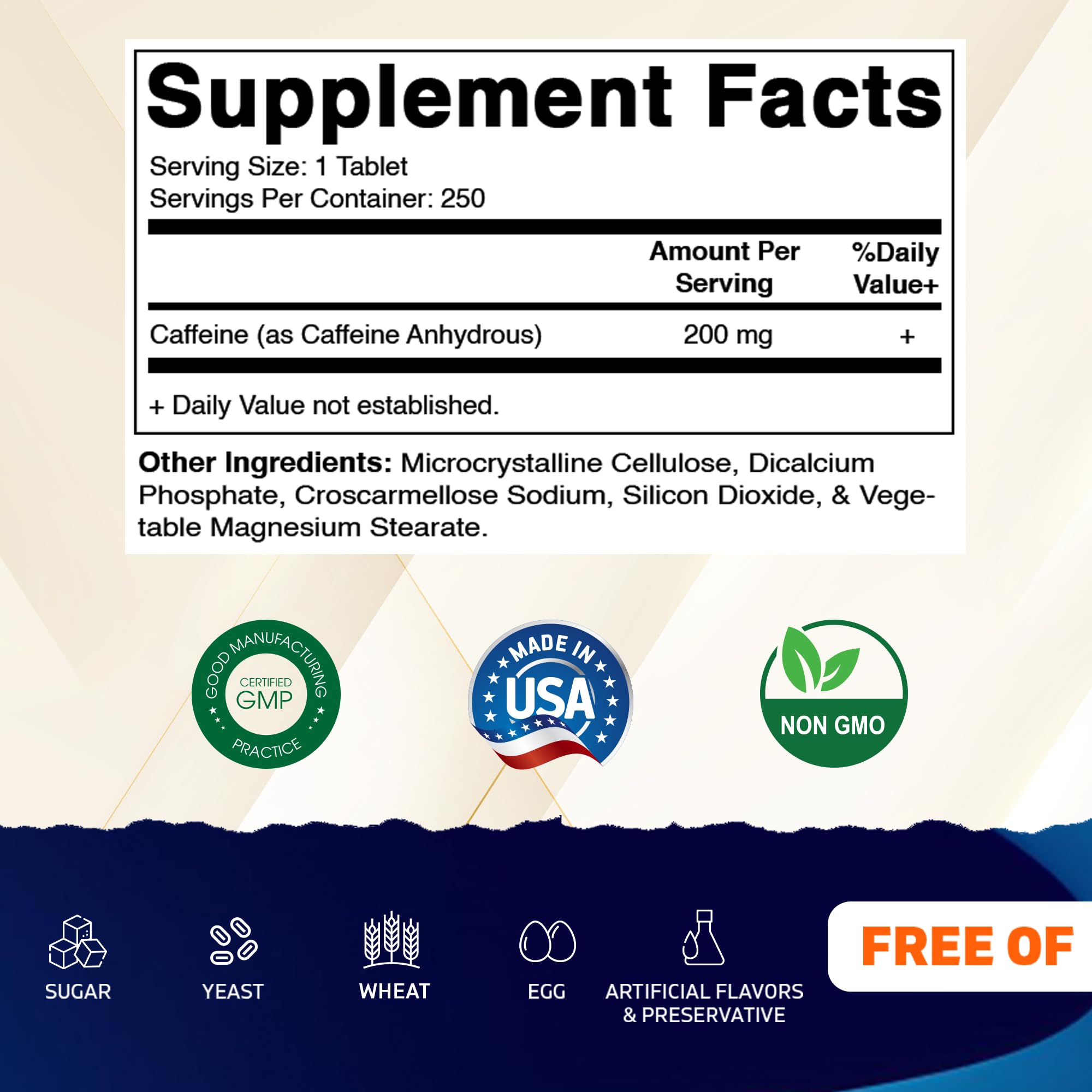 Vitamatic cafeína 200 mg, 250 tabletas, energía sostenida para tareas.