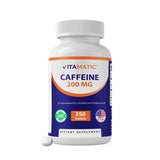Vitamatic cafeína 200 mg, botella de tabletas, impulso de energía diario.