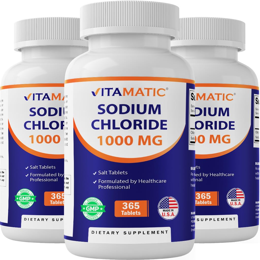 Vitamatic cloruro de sodio 1000 mg, botella de 365 tabletas para hidratación.
