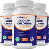 Vitamatic cloruro de sodio 1000 mg, botella de 365 tabletas para hidratación.