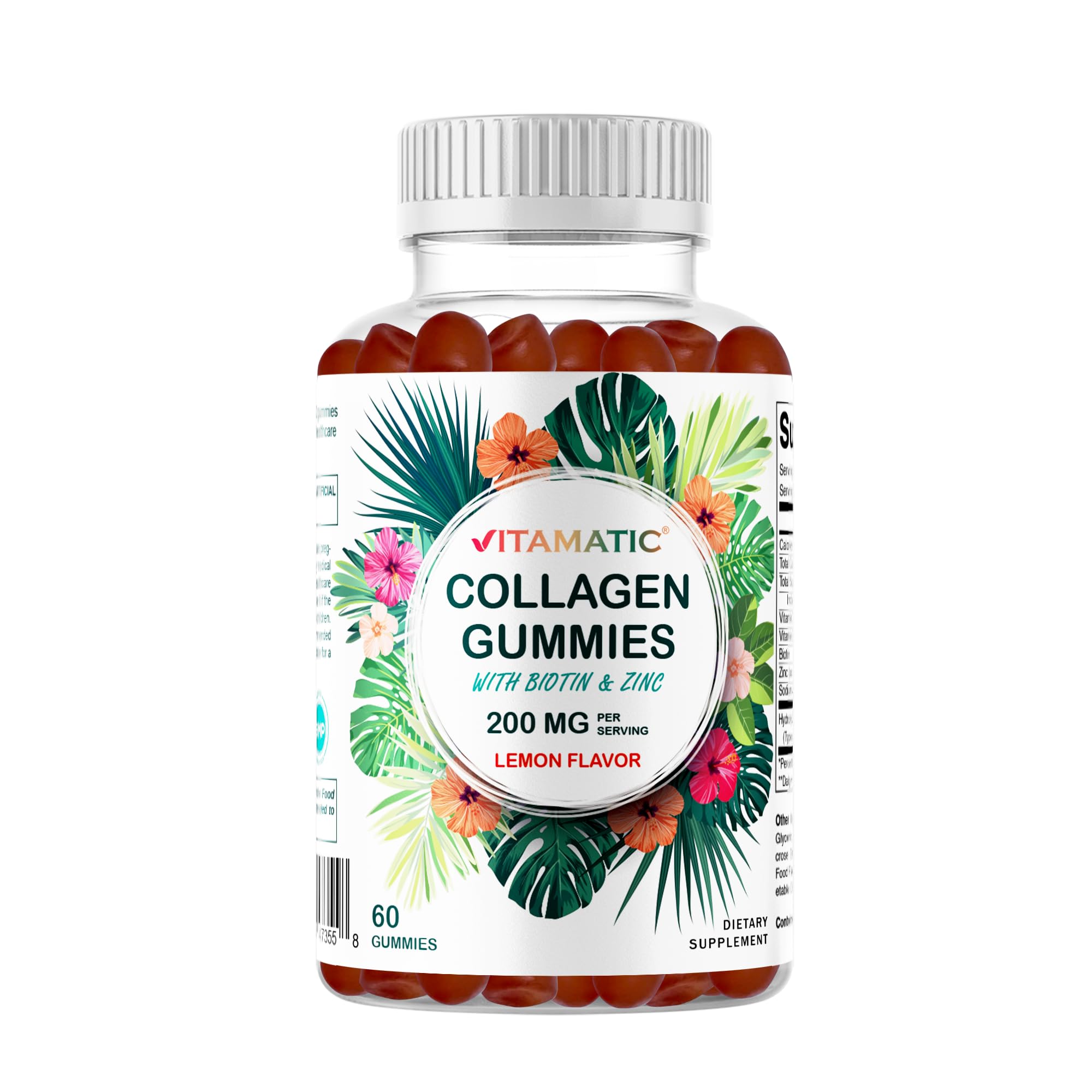 Vitamatic Gomitas de Colágeno frente al envase con sabor tropical.