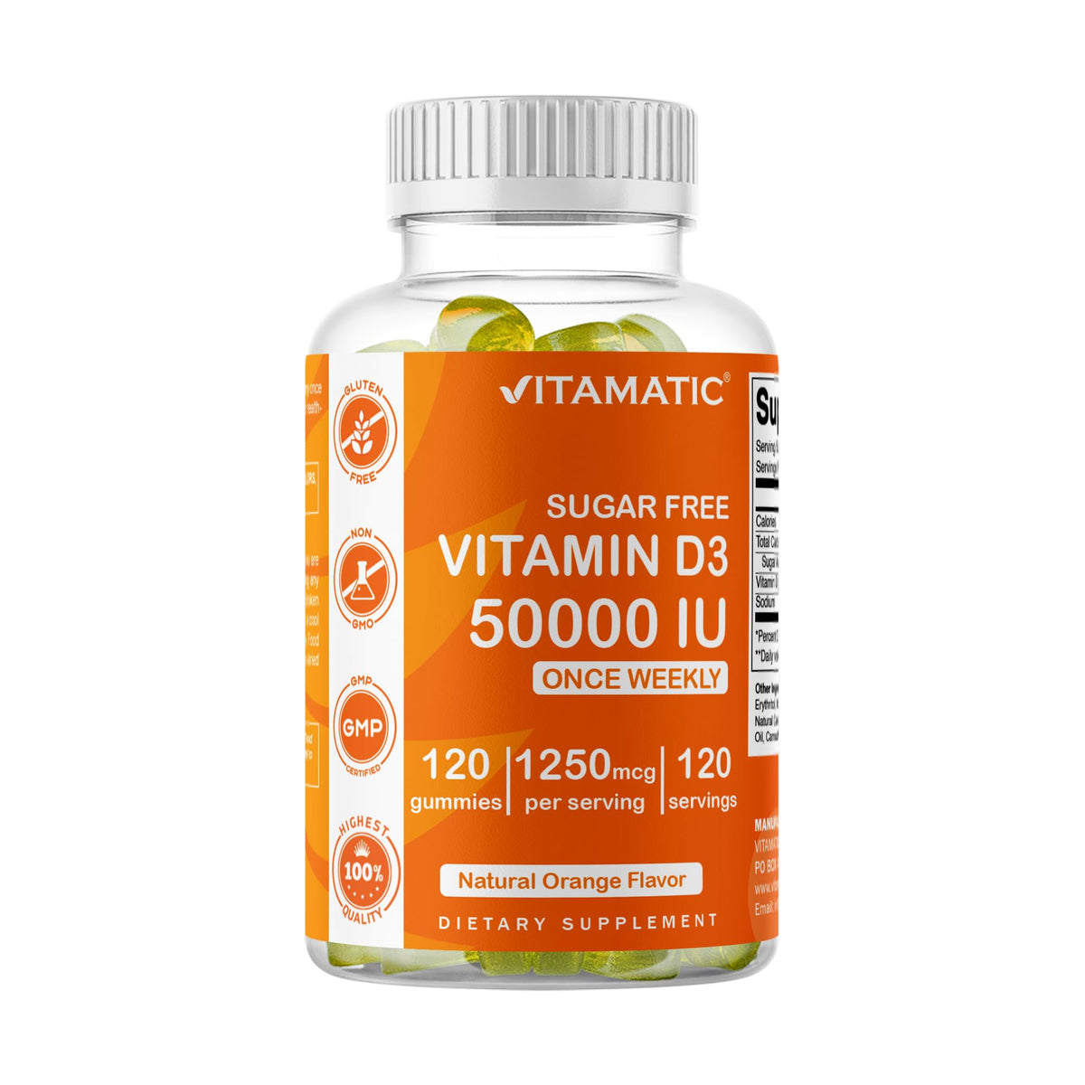 Vitamatic D3 gomitas naranja en botella, sabor natural para apoyar huesos y dientes.