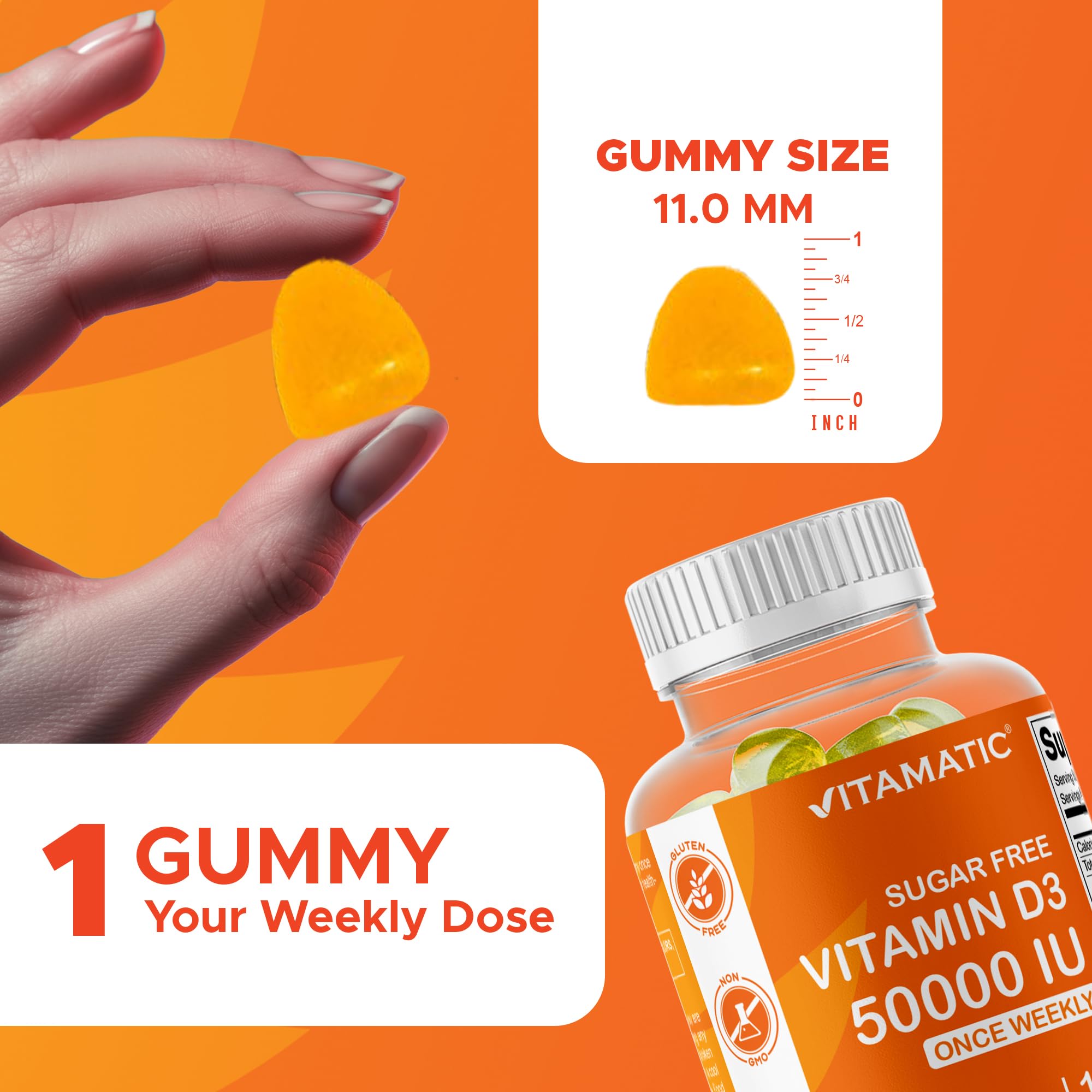 Etiqueta frontal de Vitamatic D3 con dosis semanal y sello de calidad.