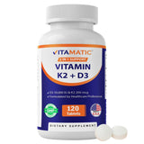 Vitamatic D3 K2 tableta en botella para apoyo diario de la salud ósea.