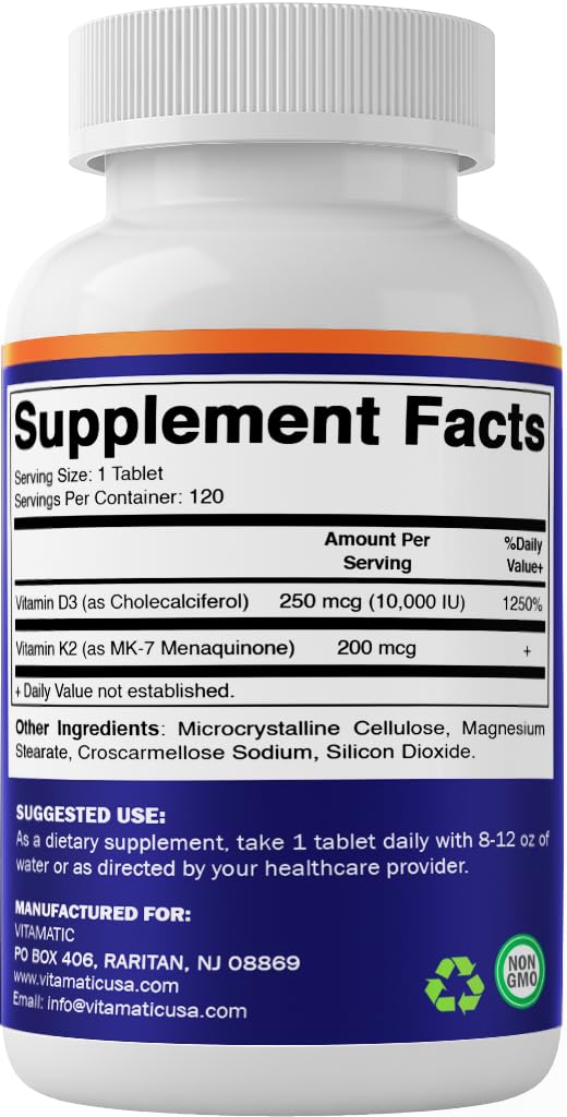 Vitamatic D3 K2 tableta, libre de gluten para dietas.