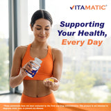 La etiqueta de Vitamatic indica libre de gluten y no transgénico.