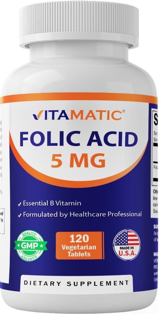 Vitamatic Fólico 5 mg, tabletas vegetarianas, presentación de 120 unidades para uso diario.