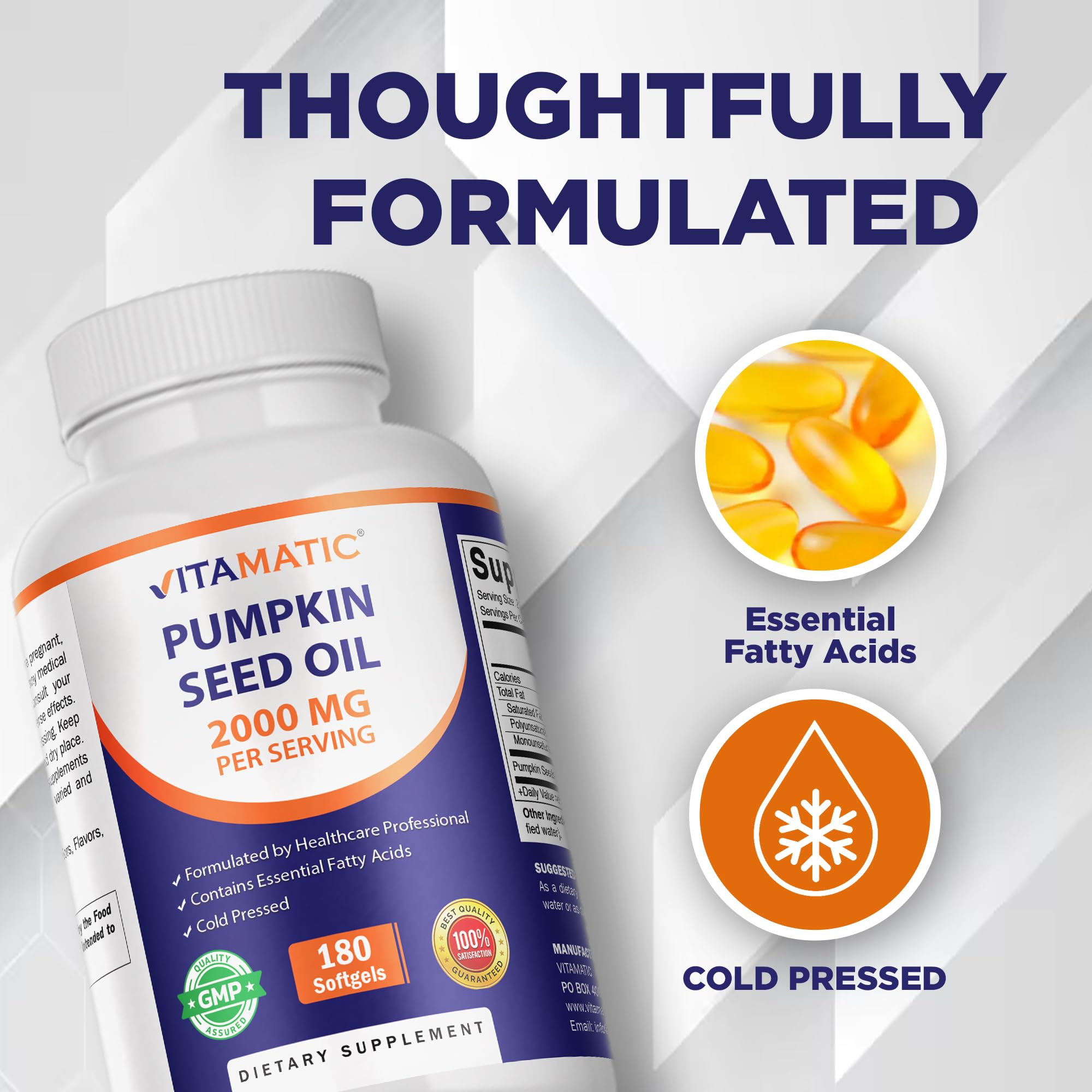 Vitamatic frasco de aceite de calabaza 2000 mg, alta pureza.