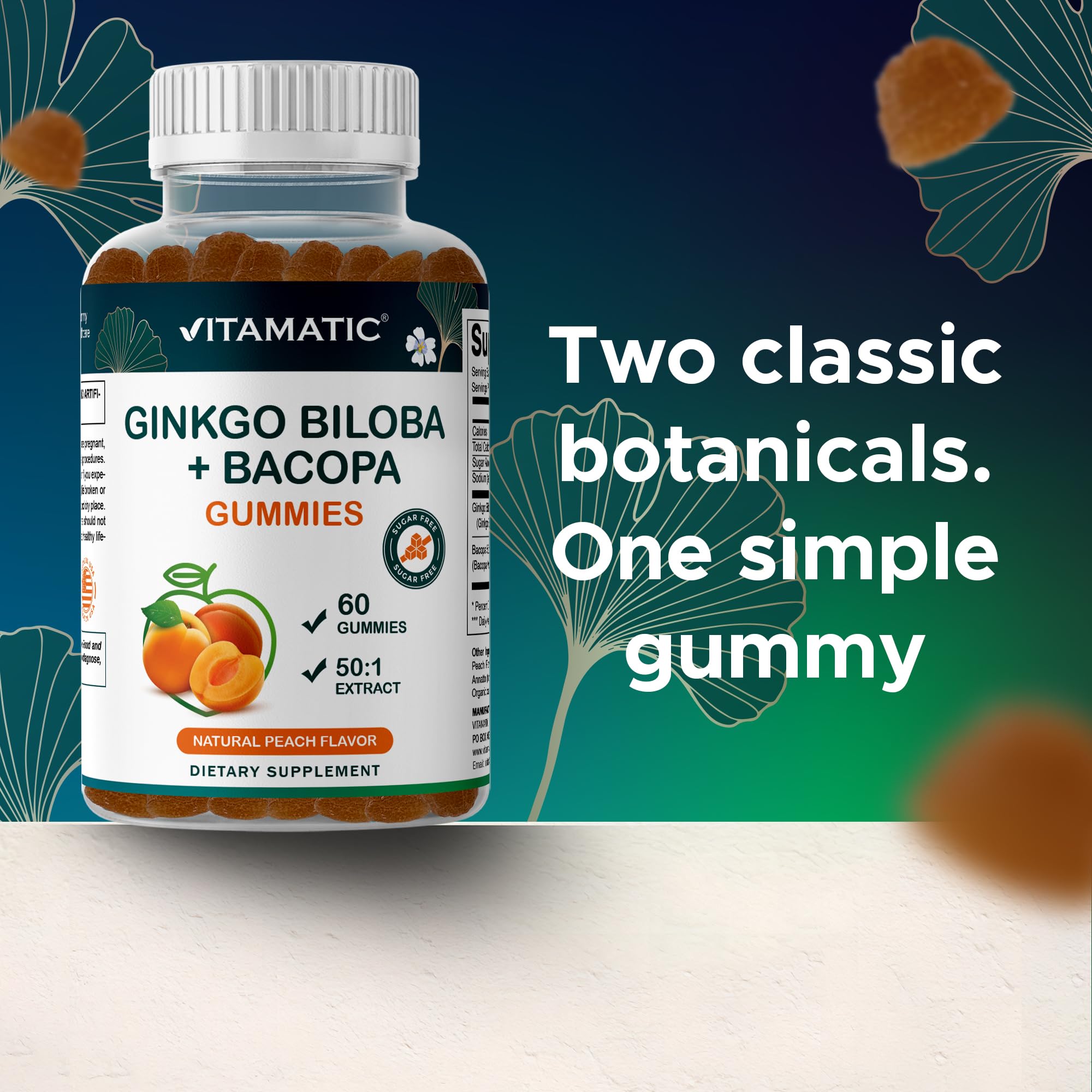 Vitamatic Ginkgo-Bacopa Gummies: sabor durazno natural para una experiencia agradable.