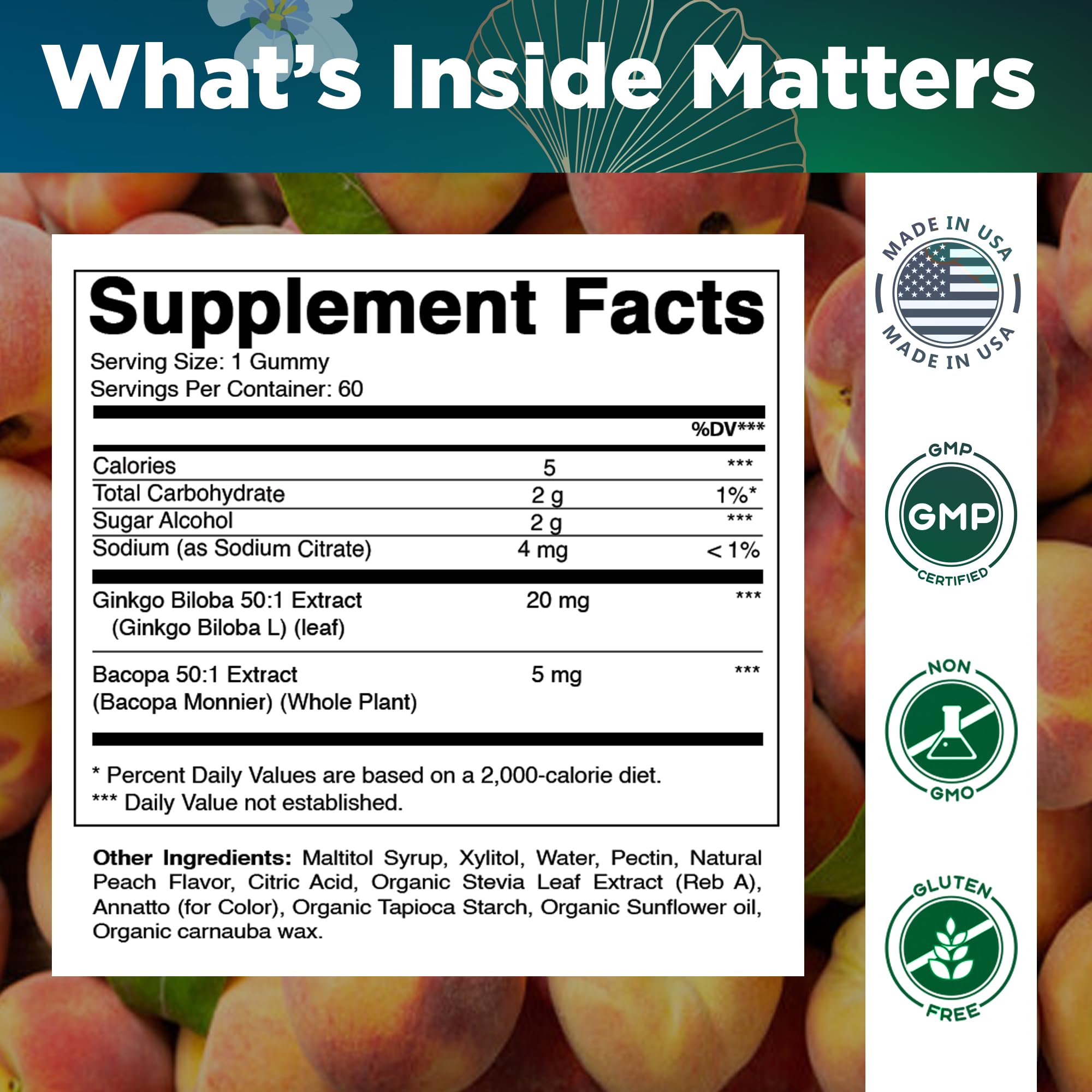 Vitamatic Ginkgo-Bacopa Gummies: dosis diaria para apoyo cognitivo.