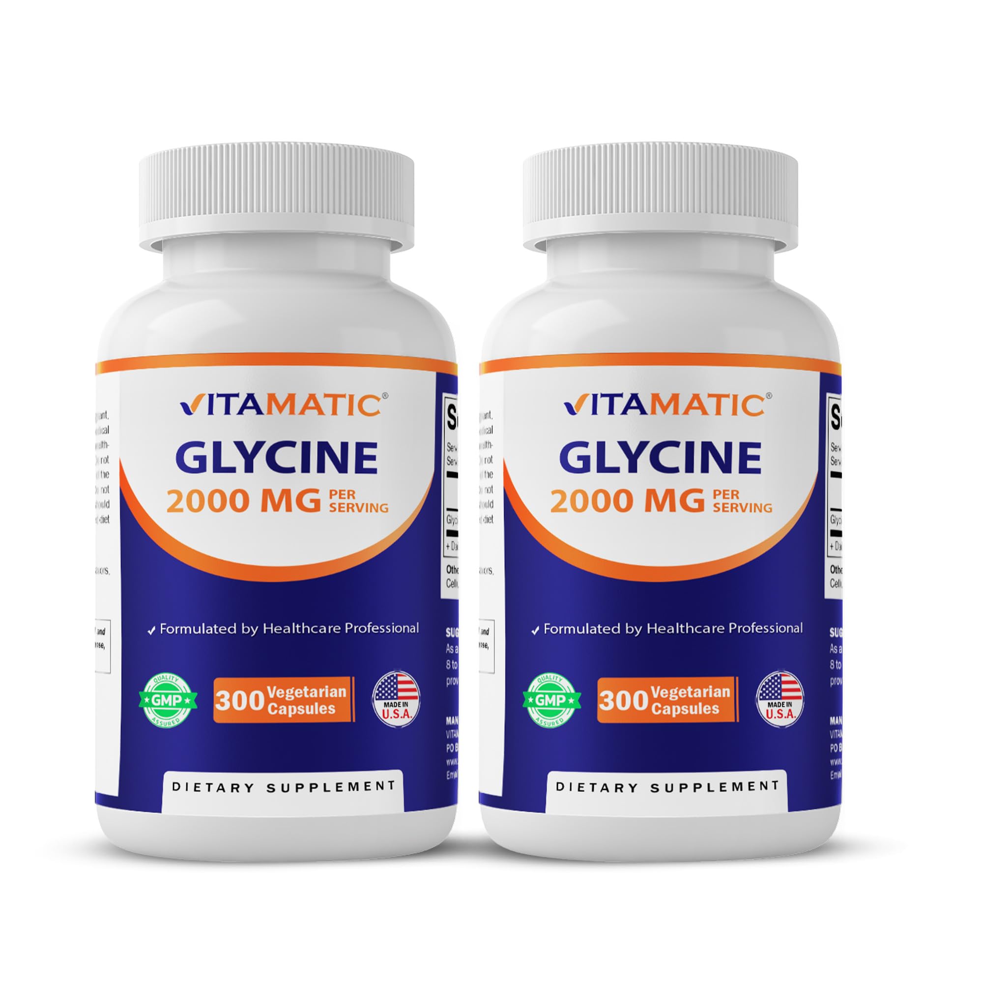 Vitamatic Glycine, botella de 300 cápsulas, ideal para suplementación sostenida.