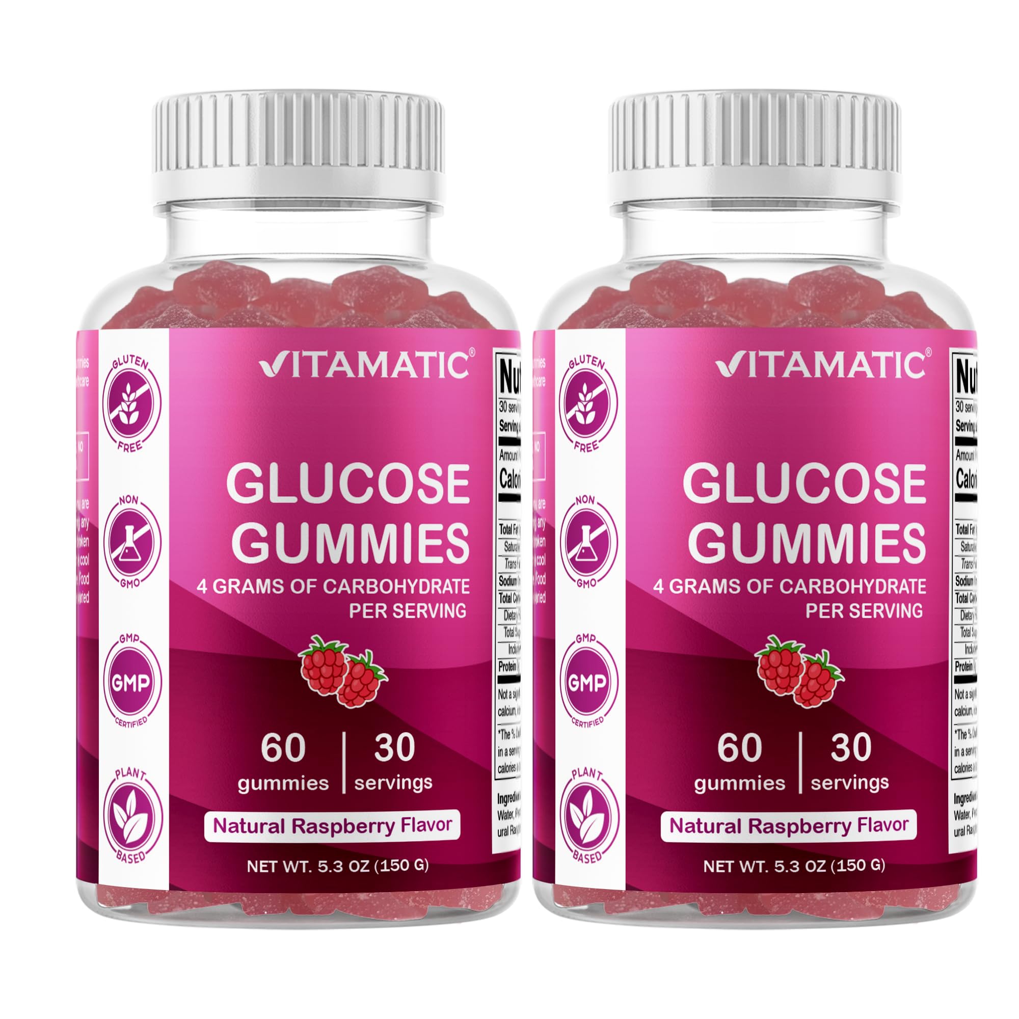 Vitamatic Glucosa gomitas frambuesa natural, empaque visible para energía rápida y sabor agradable.