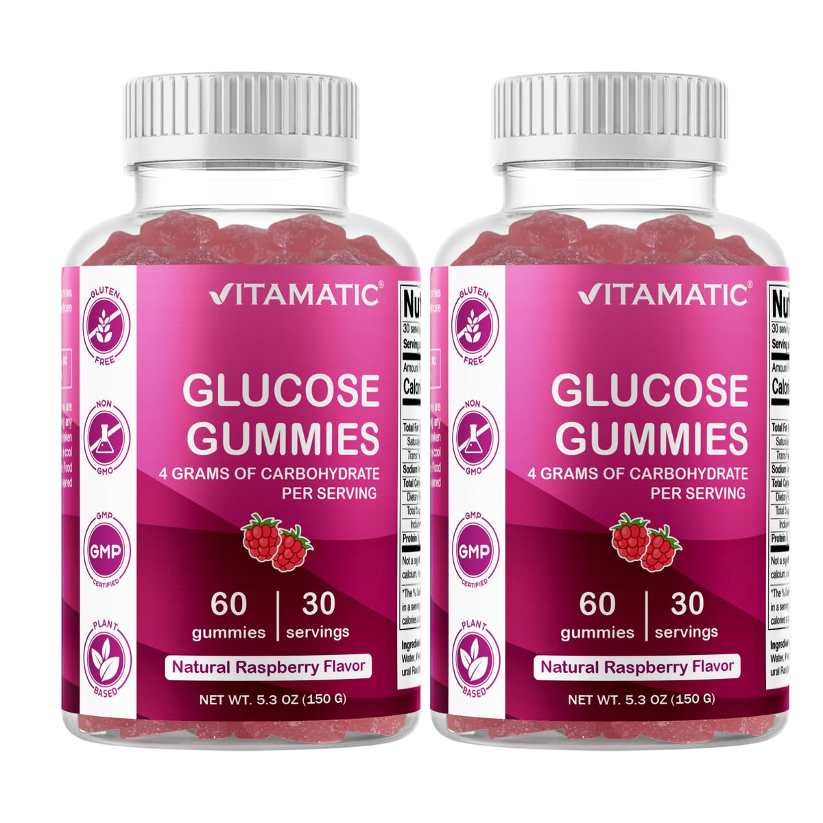 Vitamatic Glucosa gomitas frambuesa natural, empaque visible para energía rápida y sabor agradable.