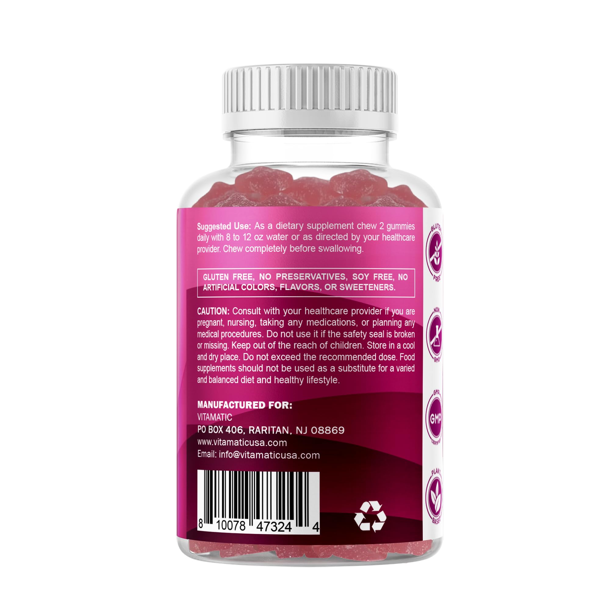 Uso diario con Vitamatic Glucose gomitas frambuesa natural, libre de alérgenos.