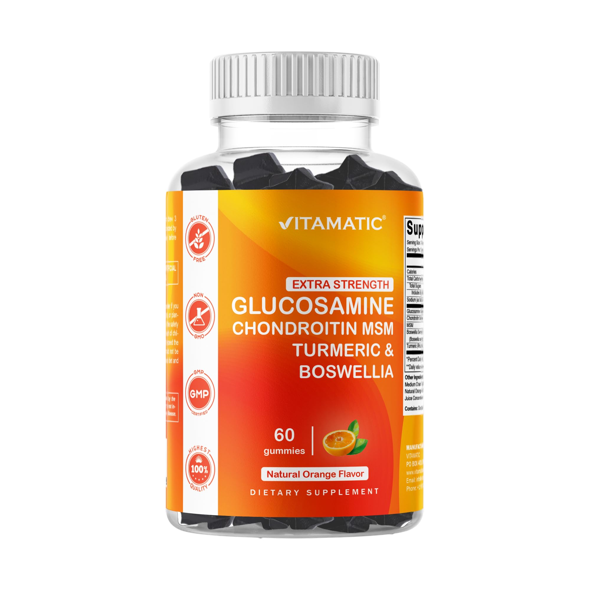 Vitamatic gominolas frente al bote de naranja para articulaciones.