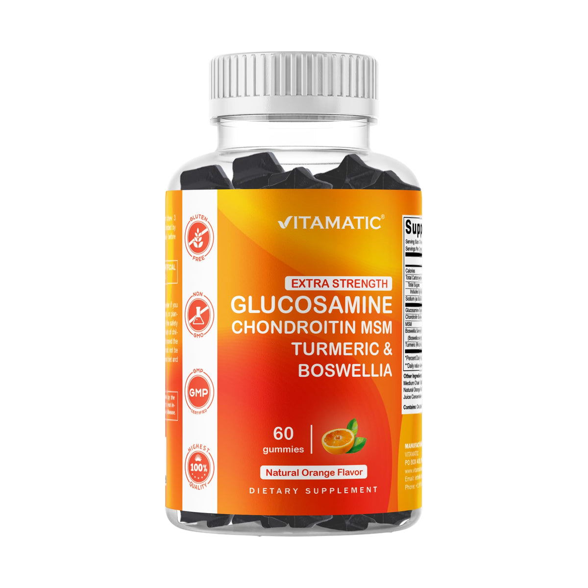 Vitamatic gominolas frente al bote de naranja para articulaciones.