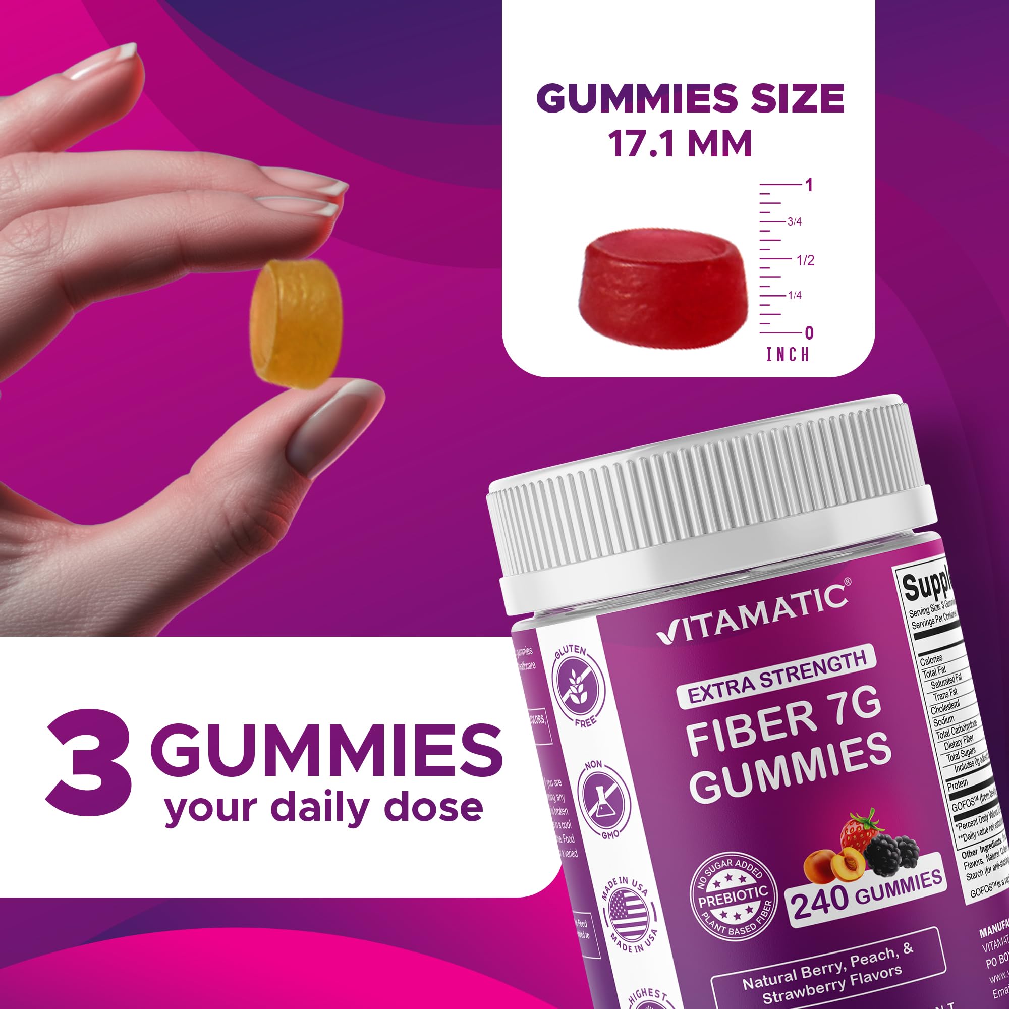 Gomitas Vitamatic dentro del frasco, destacando su formato práctico.