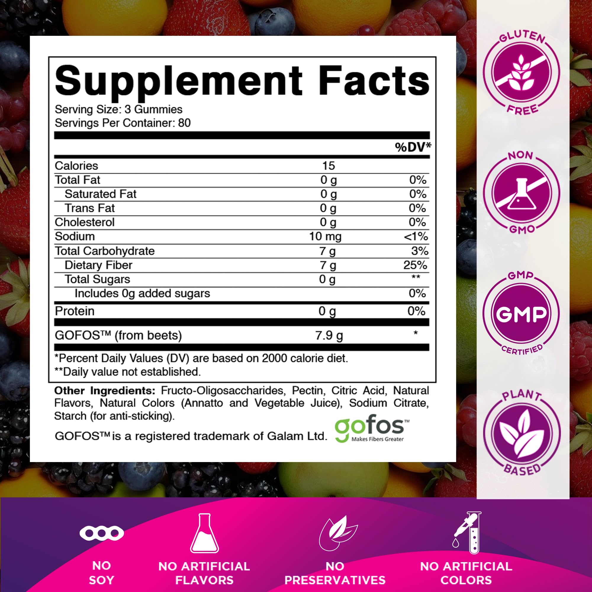 Etiqueta frontal de Vitamatic Gomitas fibra prebiótica, sin azúcar añadida.