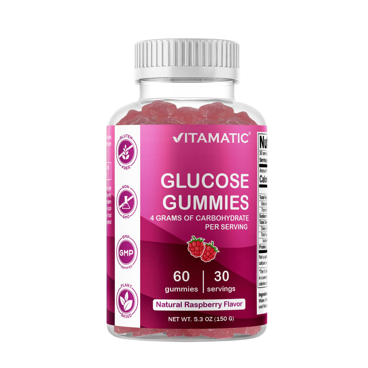 Vitamatic Glucosa envase frambuesa natural, energía rápida para el día.
