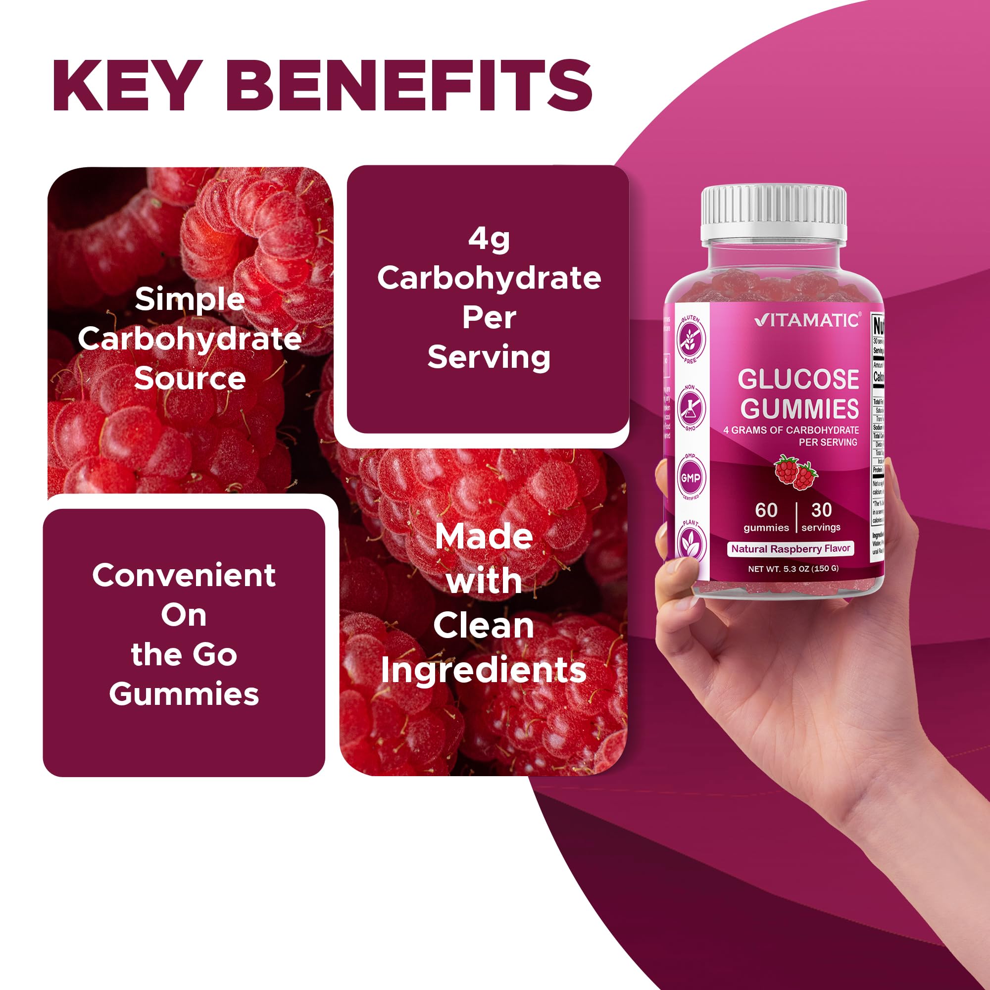 Vitamatic Glucosa ingredientes sin artificios, enfoque en calidad y pureza.