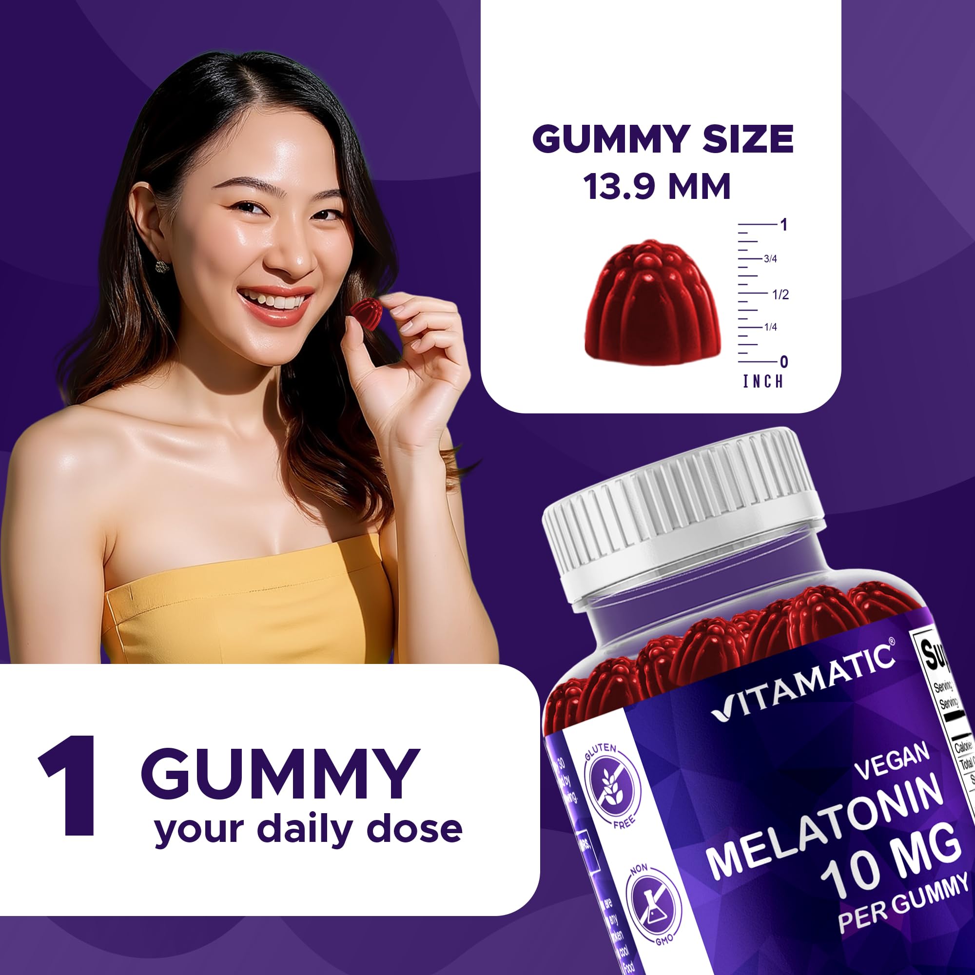 Gomitas Melatonina Vitamatic 10 mg, dosis diaria fácil para noches consistentes.
