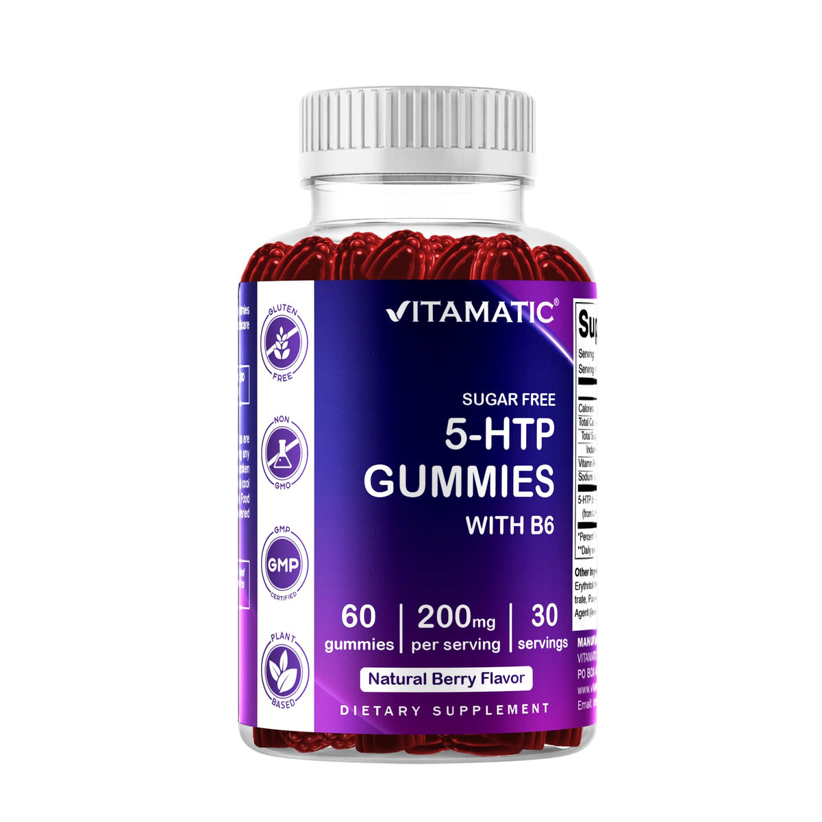 Vitamatic 5-HTP gominolas sin azúcar en bote, apoyo suave al ánimo.