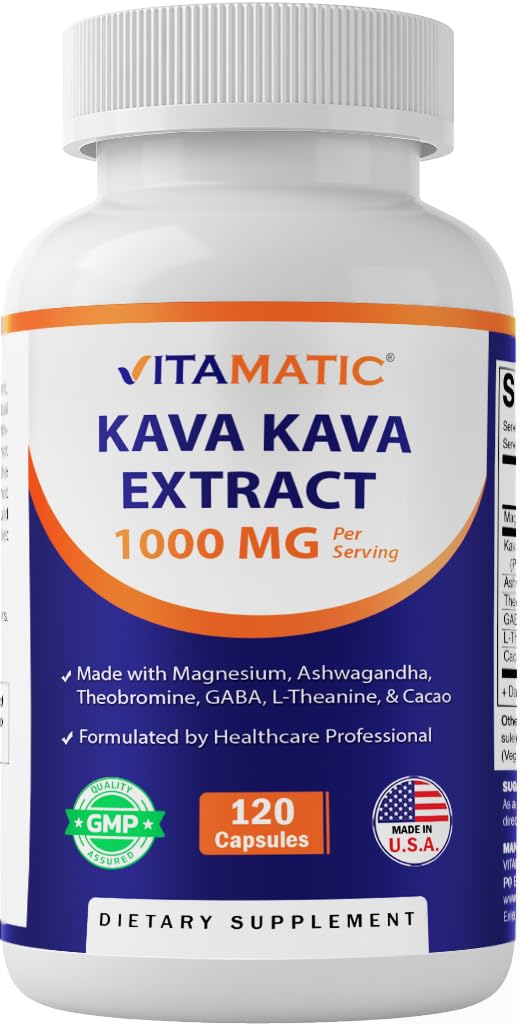 Vitamatic Kava Kava 1000mg - botella visible para uso diario y bienestar.