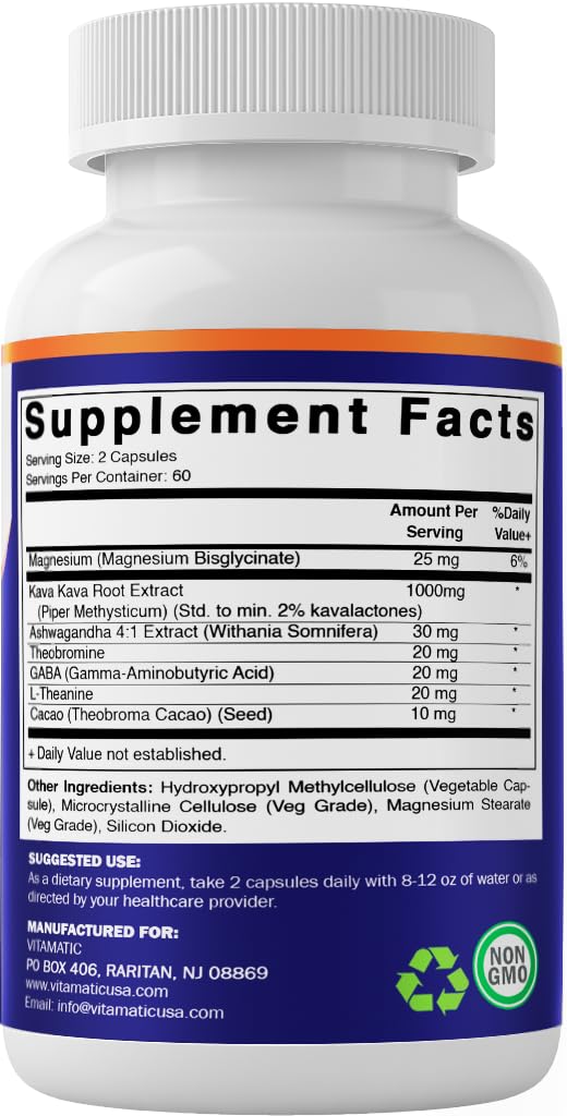 Vitamatic Kava Kava 1000mg - uso nocturno sugerido para apoyar el descanso.