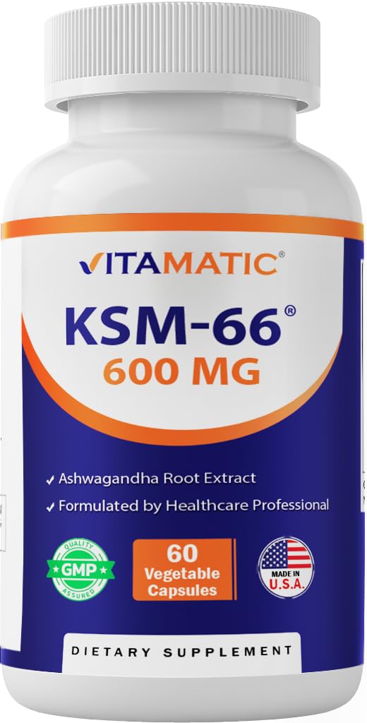 Vitamatic KSM-66 Ashwagandha frasco frente, energía suave para el día