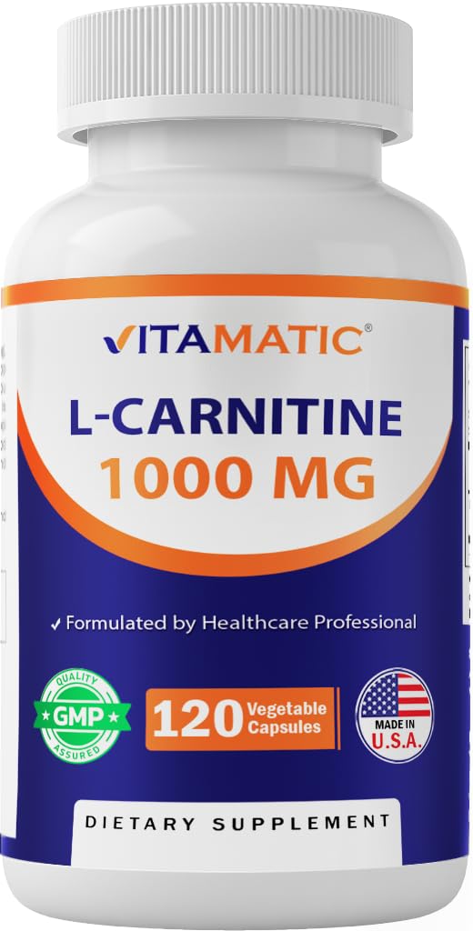 Vitamatic L-Carnitina Fumarato 1000 mg, botella frontal para energía diaria.