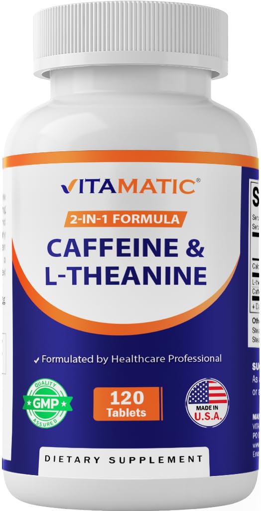 Vitamatic L-Teanina 200mg con cafeína 100mg, botella mostrada, impulso de concentración