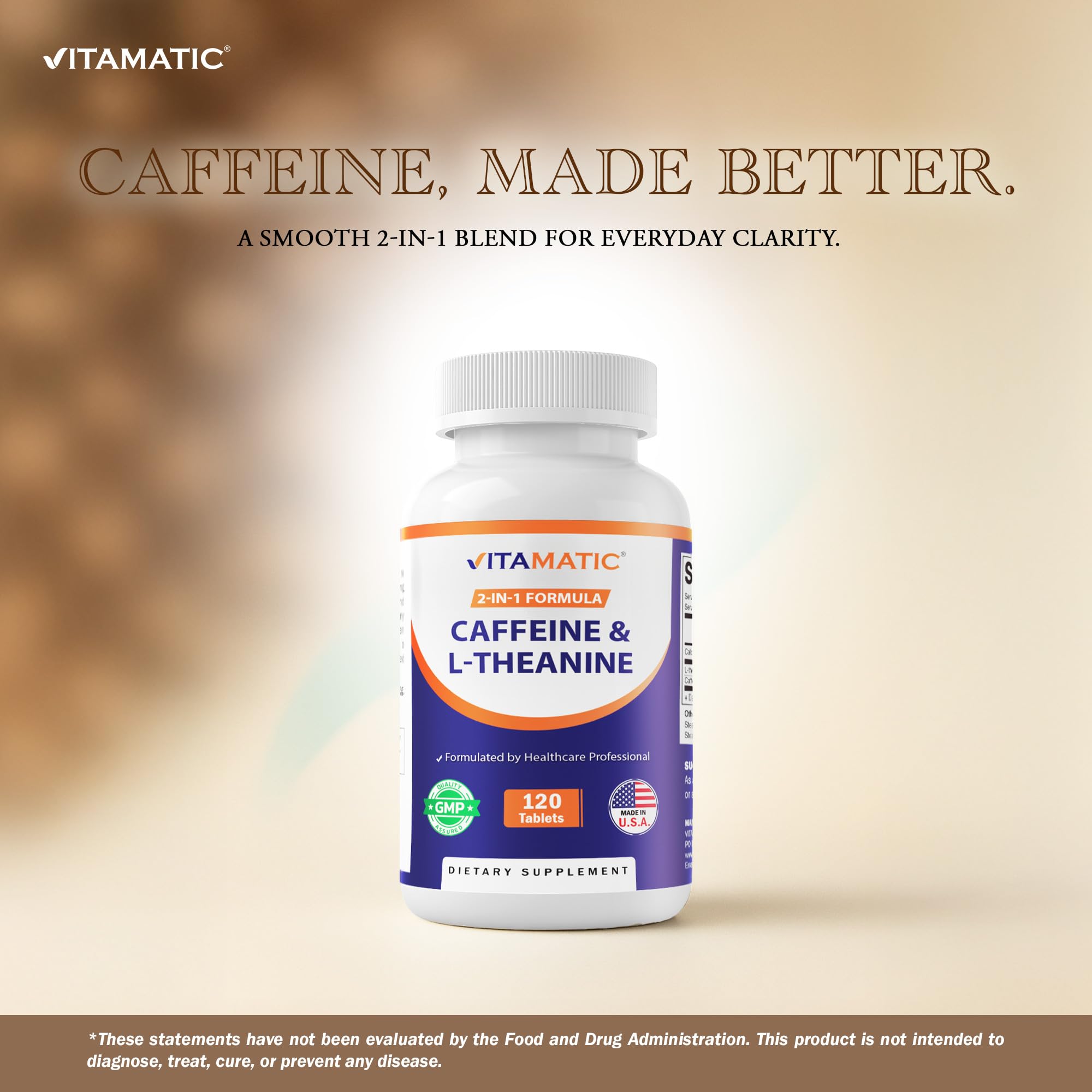 Vitamatic L-Teanina 200mg con cafeína 100mg, persona usando las tabletas, mayor concentración durante el trabajo