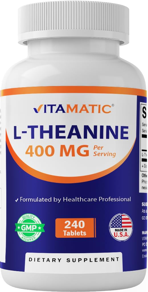 Vitamatic L-Theanine frente del envase, ideal para empezar tu día con claridad.