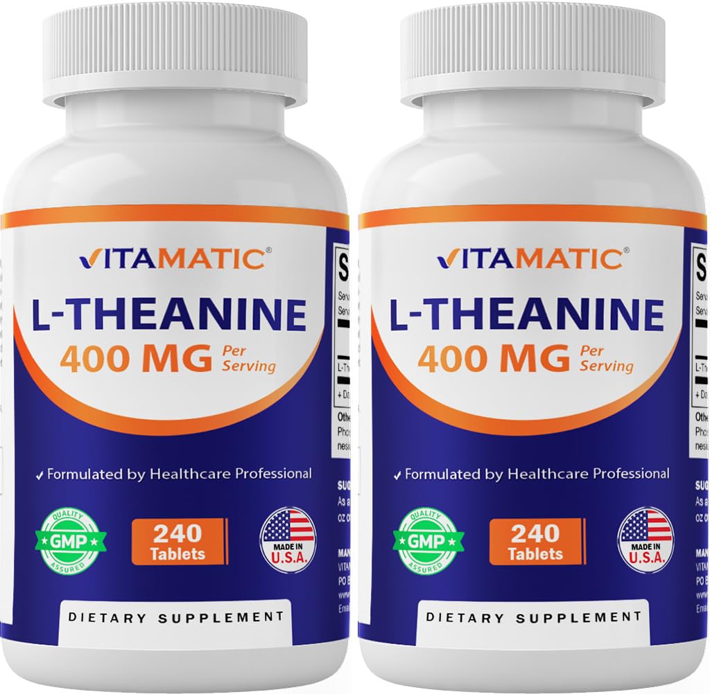 Vitamatic L-Theanine tabletas 400 mg, frente del frasco, posible apoyo para la calma diaria.