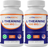 Vitamatic L-Theanine tabletas 400 mg, frente del frasco, posible apoyo para la calma diaria.