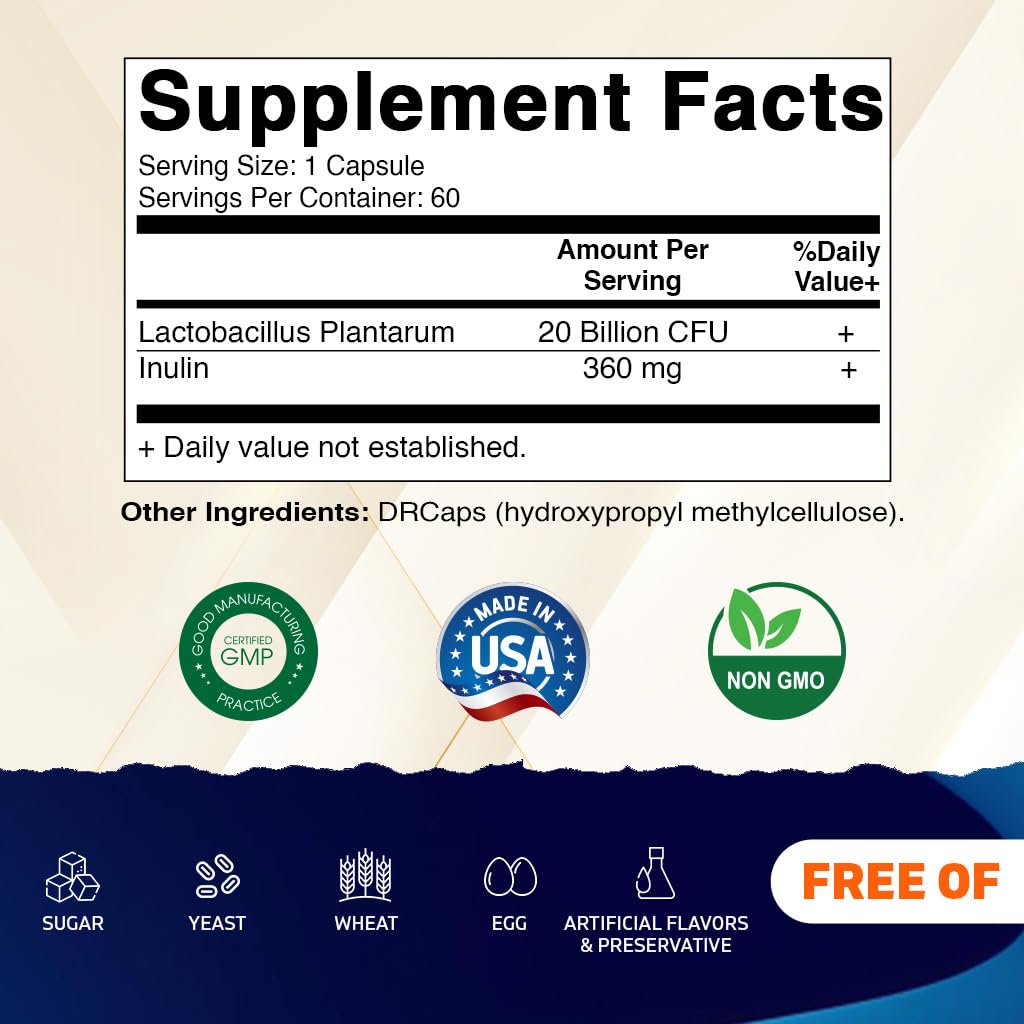 Vitamatic Lactobacillus Plantarum: etiqueta frontal destacando la fórmula prebiótica de inulina