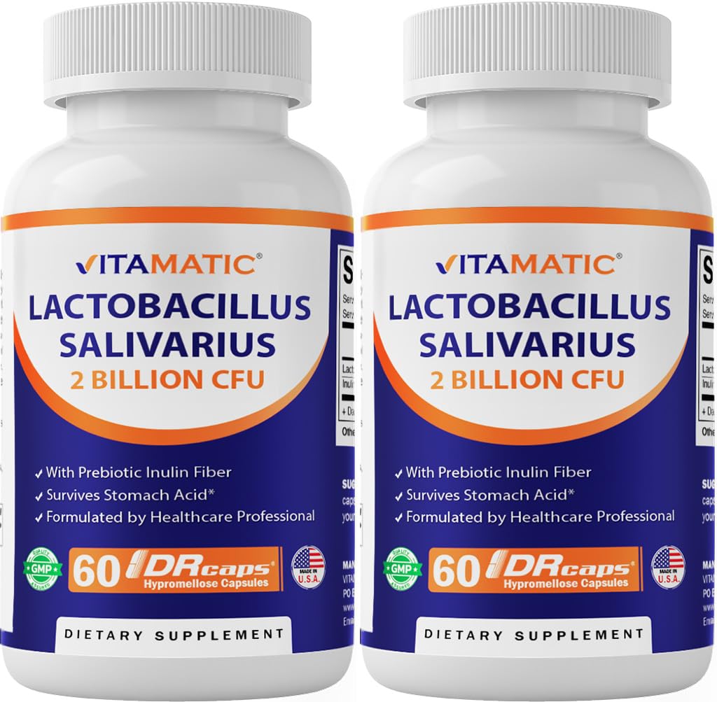 Vitamatic Lactobacillus Salivarius cápsulas DR protegen el ingrediente frente al ácido estomacal.