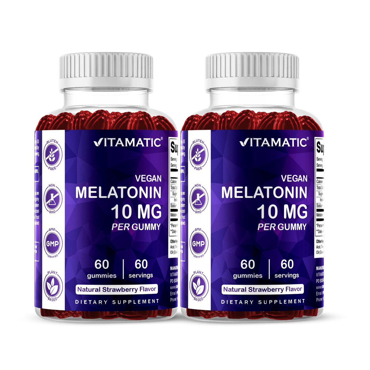Vitamatic Melatonina 10 mg, frente del bote, gomitas sabor fresa para una experiencia agradable.