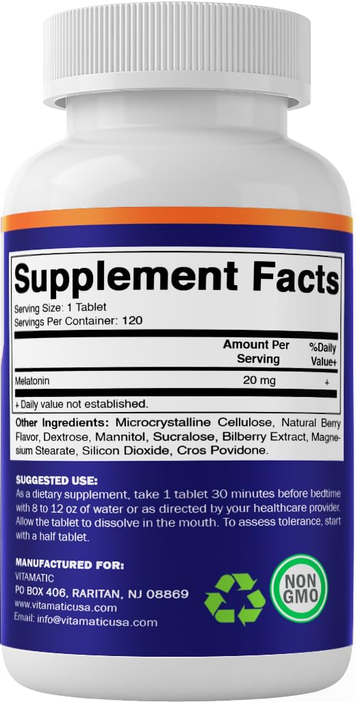 Producto Vitamatic Melatonina 20 mg fabricado en Estados Unidos.