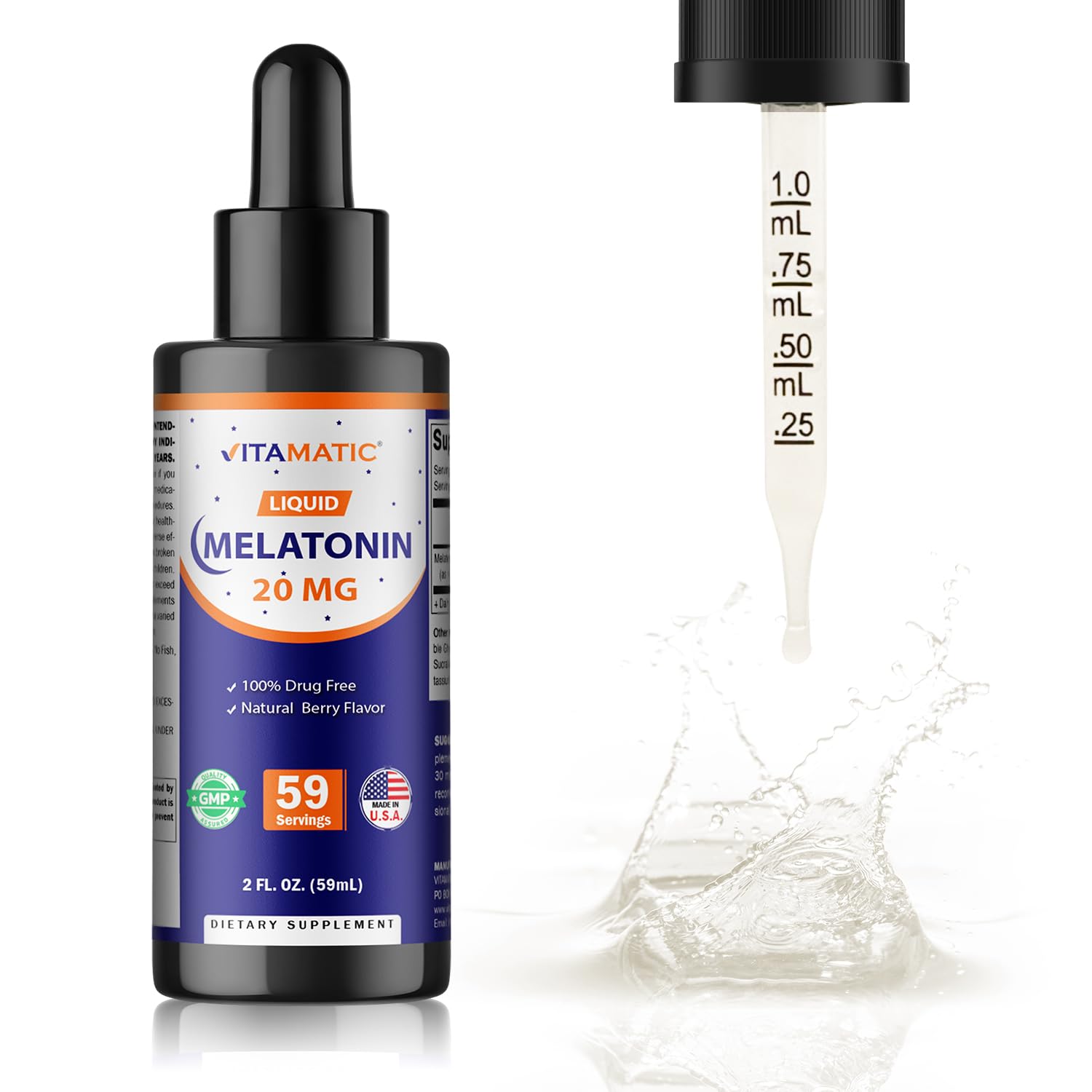 Vitamatic Melatonina Gotas: etiqueta con ingredientes y libre de OGM.