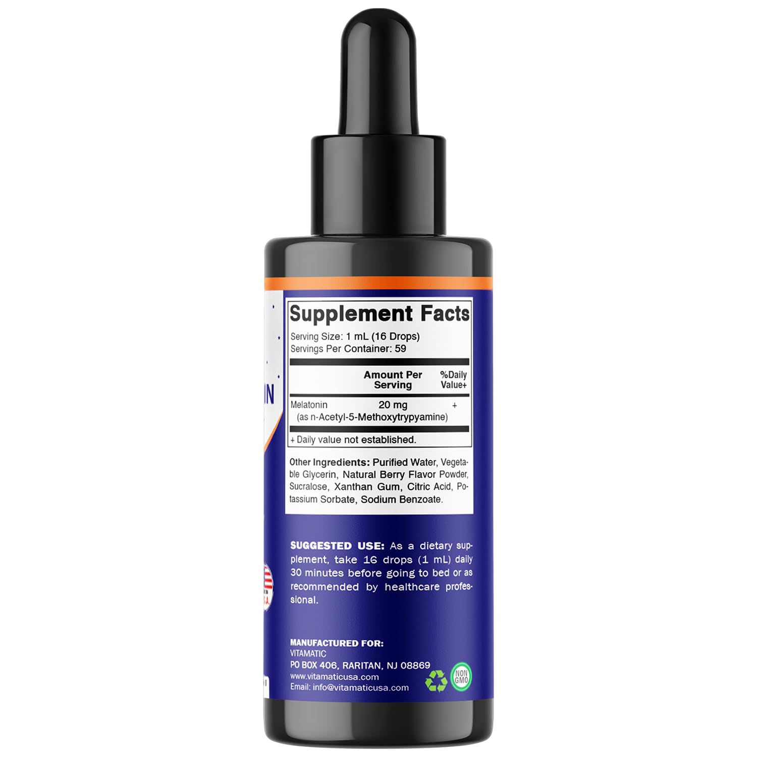 Vitamatic Melatonina Gotas: sello hecho en EE.UU. y libre de alérgenos.