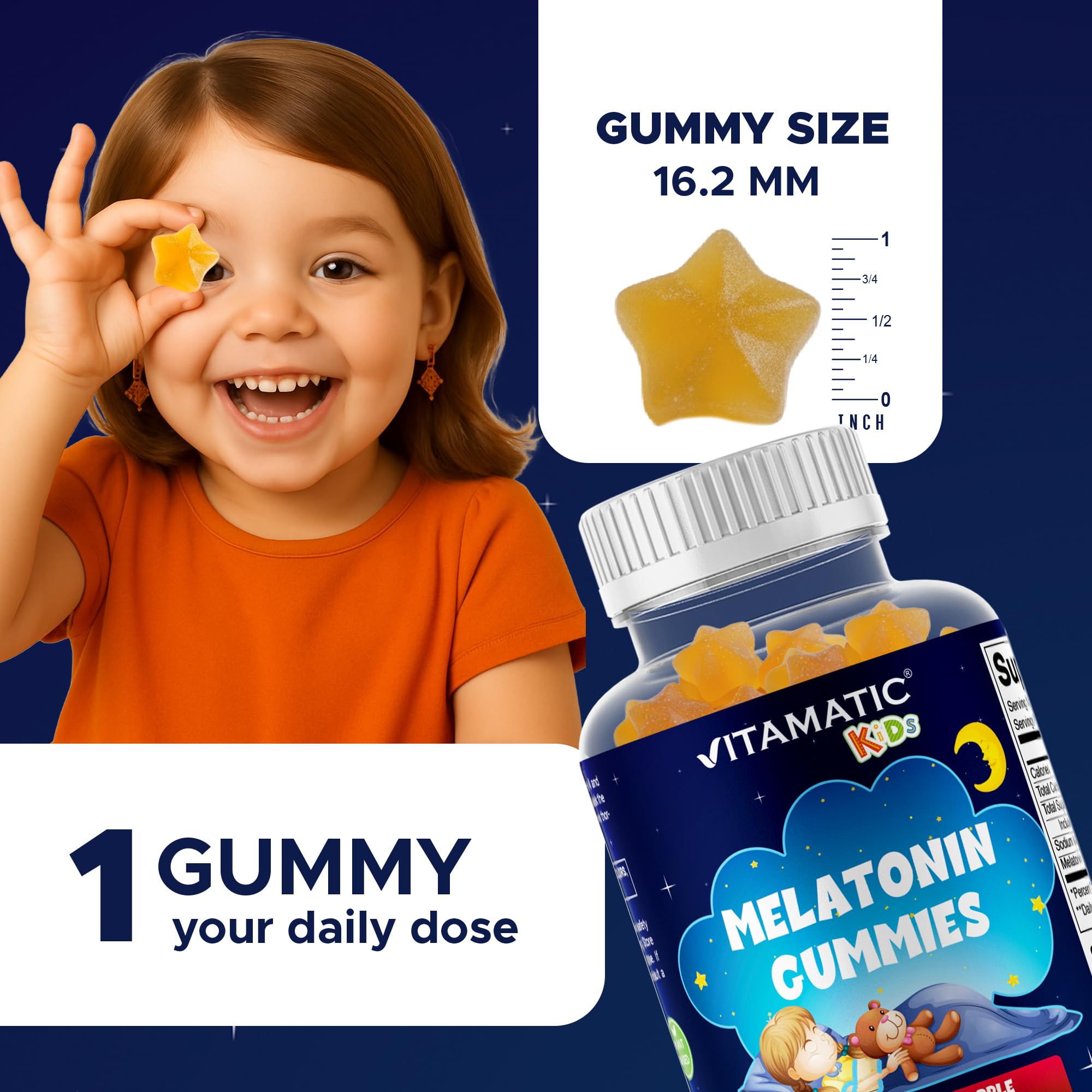 Envase de Vitamatic con 90 gomitas para 90 días de suministro.
