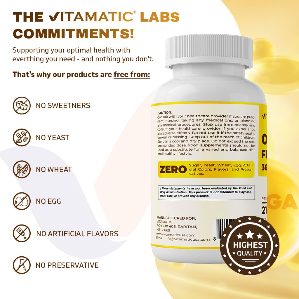 Vitamatic Omega 3 etiqueta de la botella, información de pureza.