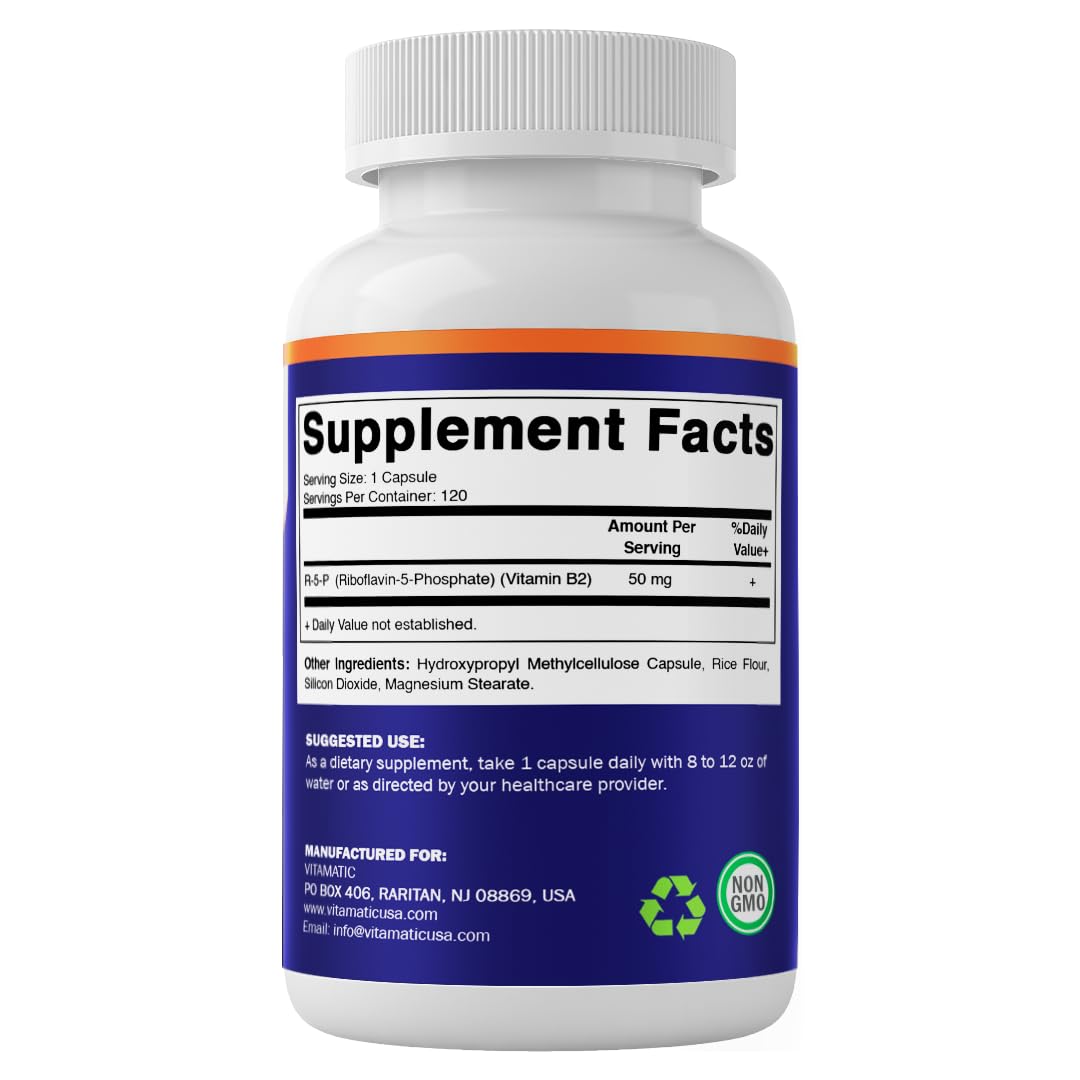 Vitamatic R-5-P, embalaje de 120 cápsulas listo para consumo.